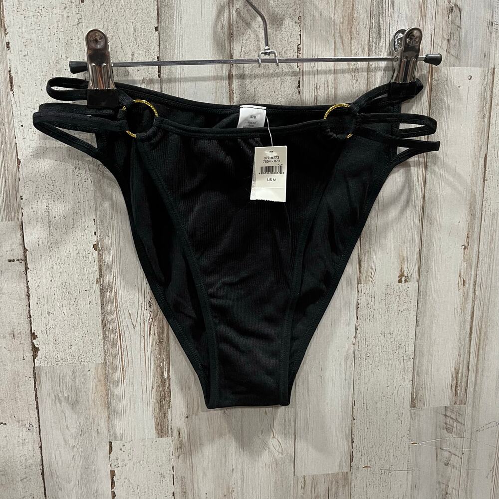 New Aerie Black Ribbed High Rise Bikini Ring Panty Underwear Womens Medium